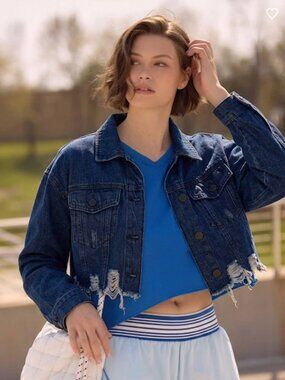 Cropped Denim Jackets for Women Long Sleeve Destroyed Wash Jean Jackets